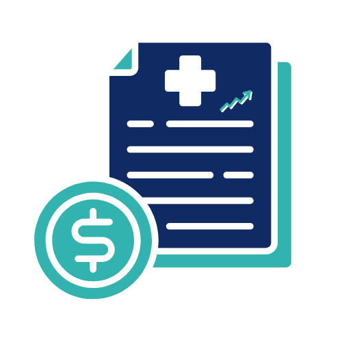 Healthcare professional using laptop, smartphone, and calculator for medical billing services and revenue cycle management with digital healthcare icons overlay