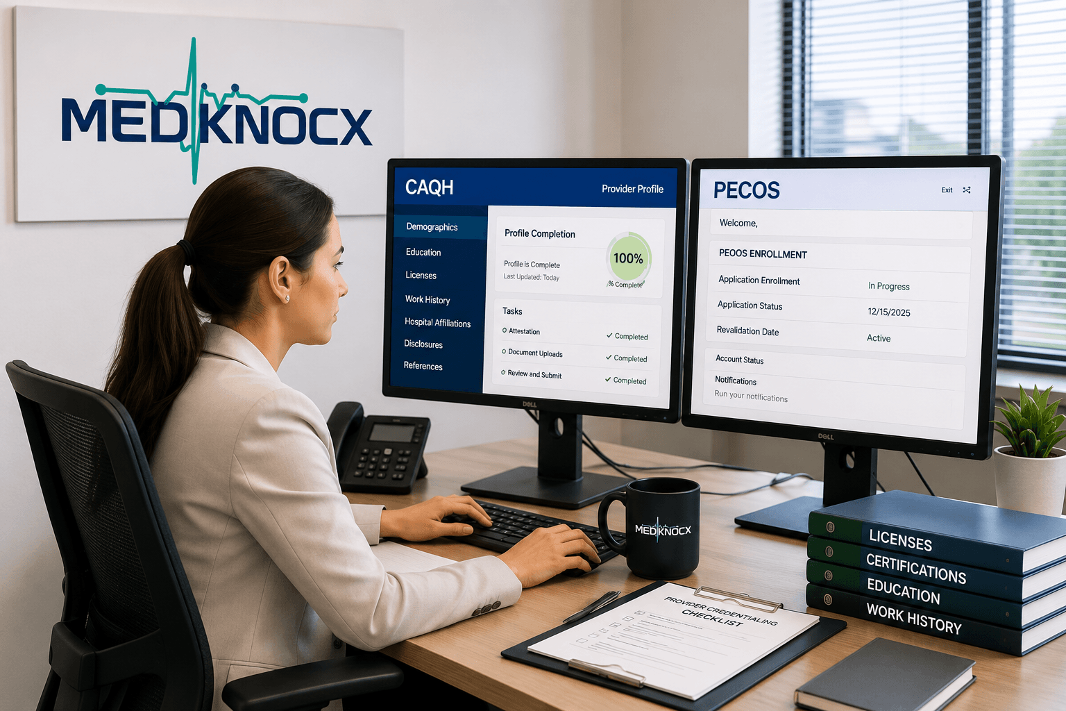 Healthcare credentialing specialist managing provider enrollment through CAQH and PECOS systems while reviewing credential verification and insurance credentialing applications in a modern medical office.