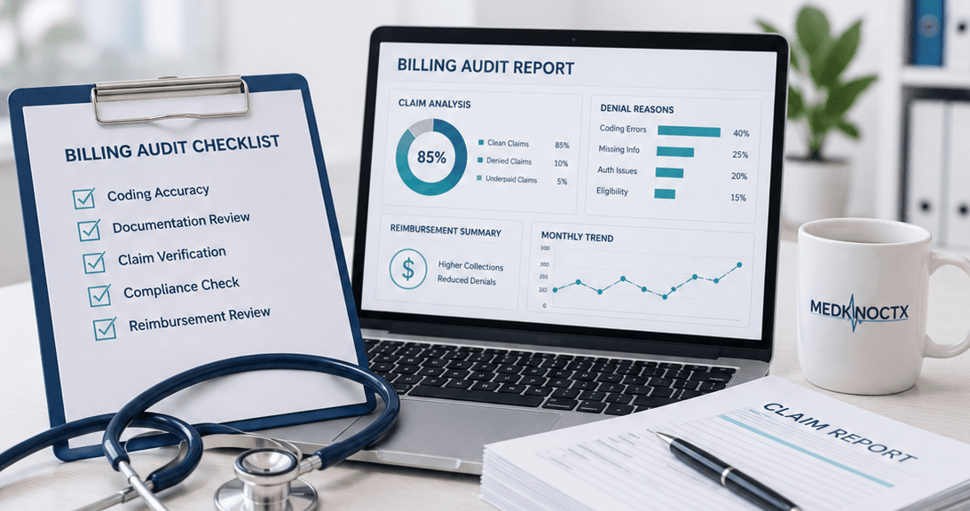 Medical billing audit workspace featuring a billing audit checklist, claim analysis dashboard, reimbursement reports, and Mediknocx branding to improve coding accuracy, compliance, and revenue cycle performance.