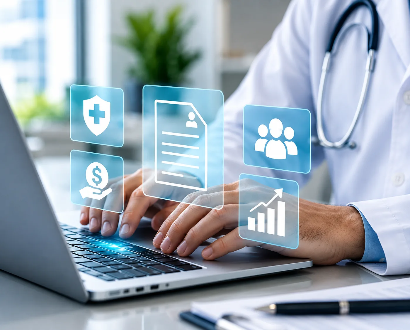 Billing specialist working on a laptop with claim data on screen